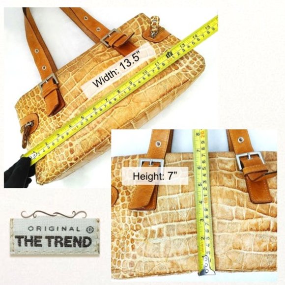 THE TREND Genuine Leather Croc Embossed Carryall Bag Mustard Silver Zip Pockets - Picture 9 of 14